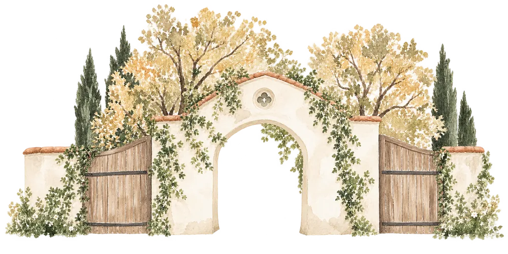 Ilustración de la entrada de una finca con portón de madera y árboles