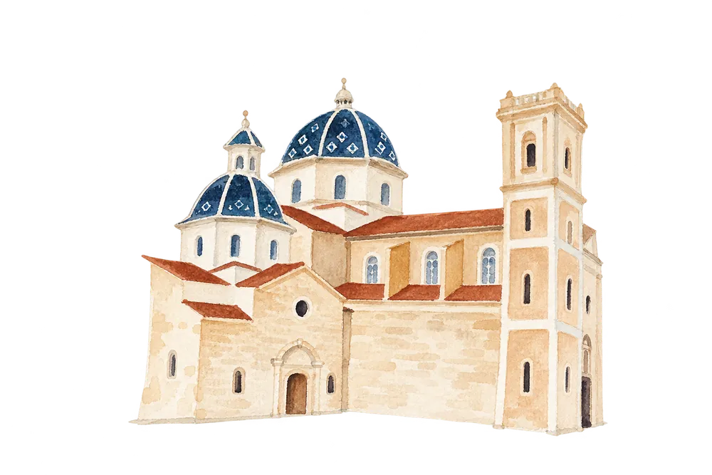 Ilustración de una iglesia con cúpulas azules y campanario