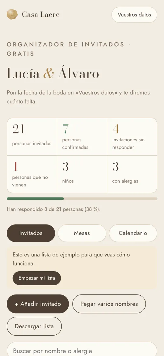 Organizador de invitados con totales de confirmados, niños y alergias
